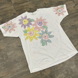 Vintage Brush Works Painted Tshirt Women One Size Flowers USA Made Single Stitch